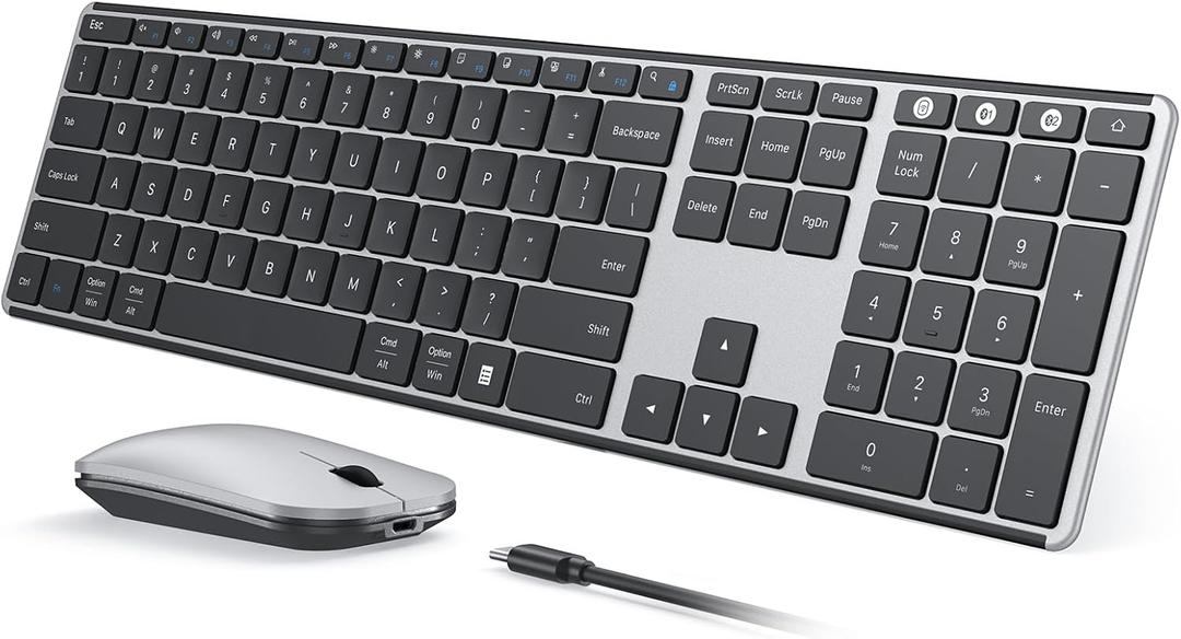 seenda Wireless Bluetooth Keyboard and Mouse Combo, SKM64-3 Rechargeable Slim Quiet Keyboard Mouse, 3 Multi-Device Connection, Compatible for Windows, Mac, MacBook, iPad, Tablet, Black Silver