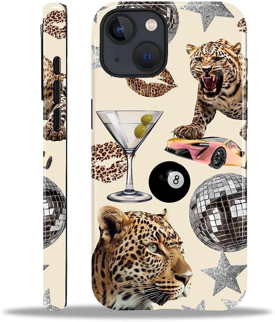 Magnetic for iPhone 15 Case [Compatible with Magsafe] 2 in 1 Dual Layer Hard Shell Silicone Shockproof Cover, X Leopard Print Star Lips