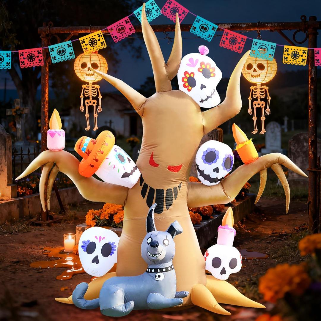 DomKom Tree Halloween Inflatable Blow Up Decorations, Dia de Los Muertos 8FT Day of The Dead Spooky Tree with Catrina Skull and Hairless Dog, Built-in LEDs for Holiday, Garden Lawn Yard Patio Dcor