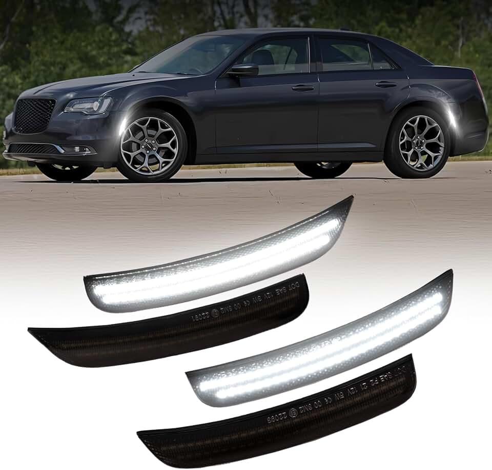 AUTOONE White LED Side Marker Lights Compatible With 2015-2023 Chrysler 300, Front & Rear Bumper Marker Lamps, Corner Parking Lamp & Smoked Len, Pack of 4