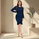 Women's Crewneck Casual Long Sleeve Sweater Dress Ruched Wrap Work Wedding Split Mini Dresses (Blue, S)