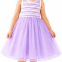 HILEELANG Girls Tulle Dress Lavender Sleeveless Ribbed Stripe Top Spring Summer Toddler Little Girls, 5T