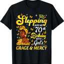 Stepping Into My 70th Birthday Afro Woman Religious Birthday T-Shirt (Small, Black)