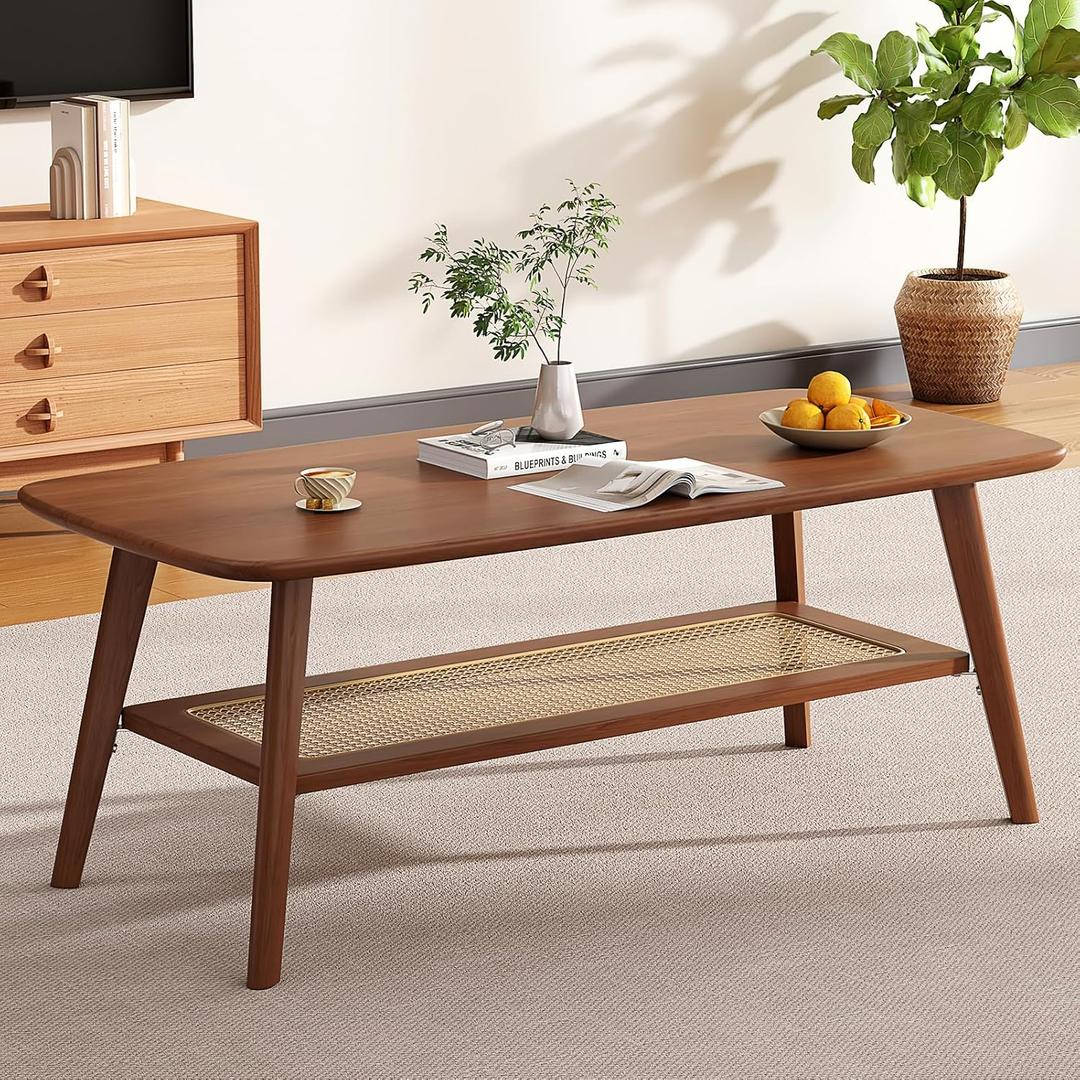 Coffee Table Small Solid Wood Center Table Mid Century Vintage Living Room Coffee Table, Walnut Rattan 39.37 Inch