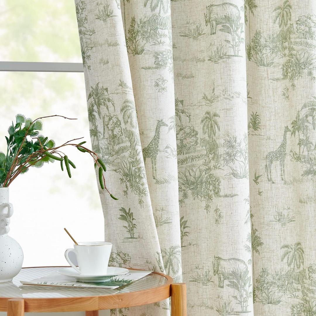 jinchan Linen Toile Curtains 84 Inches Long for Living Room Toile de Jouy Printed Farmhouse French Country Curtains Grommet Top Light Filtering Window Drapes for Bedroom 2 Panels Green on Beige