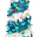 5FT Pop Up Christmas Tree, Collapsible Artificial Blue Christmas Trees with 90 LED Lights, Tinsel Small Pencil Christmas Tree for Home Holiday Fireplace Party Indoor Outdoor Xmas Decorations