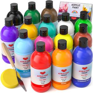 15 Colors Large Acrylic Paint Set (16.9 oz,500 ml), Bulk Acrylic Paint Non-Toxic Art Painting Supplies on Multi Surface Canvas Wood Craft Fabric Rock for Artist Beginner with Color Wheel