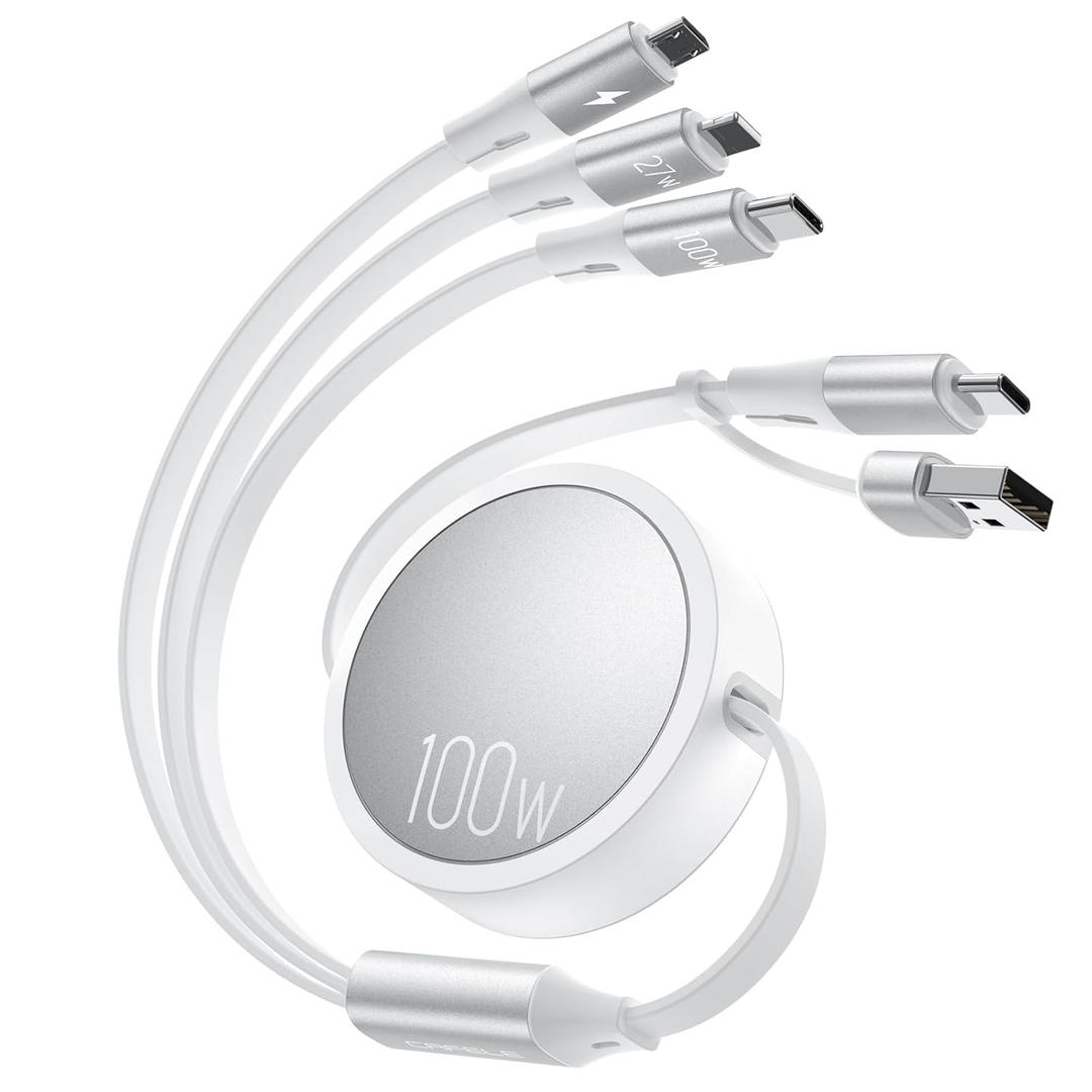 CAFELE 100W Multi Charging Cable, 6-in-1 Retractable USB C/A Cable, 5A Fast Charger Cord for Multiple Devices with Type C/L/Micro Ports for Phone 17 16 15 14 Pro Max, S24/S23, MBook, Pad (4.3ft) White