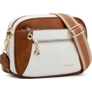 Crossbody Purse for Women Small Crossbody Bags Trendy Vegan Leather with Adjustable Shoulder Straps Gift for Mother Wife Mom (Brown With Beige Minimalism)