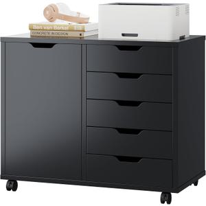 DUMOS 5 Drawer File Cabinet Office Drawers Organizer with Wheels Rolliing, Under Desk Cabinets with Shelves and Door Printer Stand with Wood Board Metal Frame for Home Office Storage Craft Room, Black