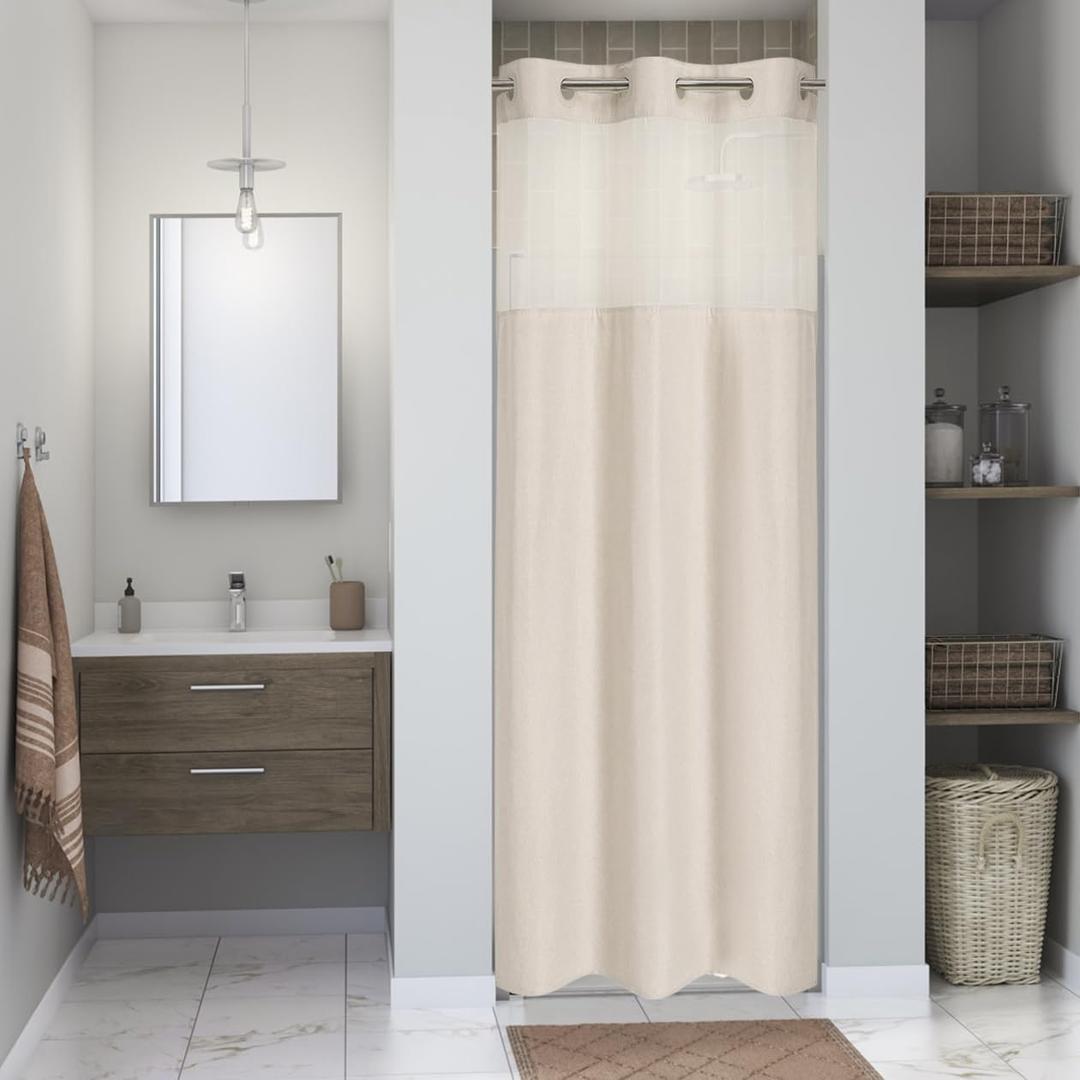 Eachope Stall No Hooks Needed Linen Textured Shower Curtain with Snap-in Fabric Liner Set,Hotel Luxury Decor Shower Curtains for Bathroom with Mesh Top Window,Waterproof & Washable,36Wx74H,Cream