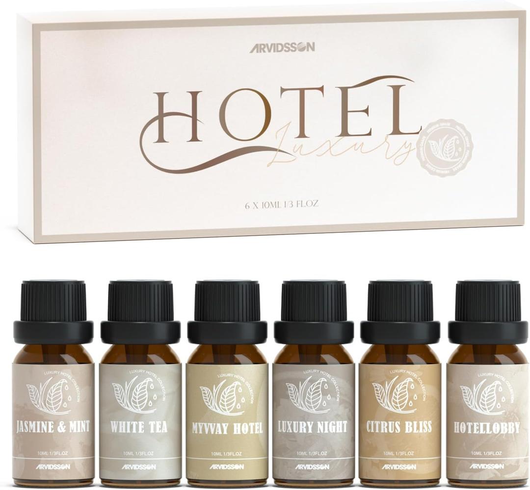 ARVIDSSON Hotel Diffuser Oils Gift Set, Hotel Essential Oils for Diffuser, Luxury Hotel Fragrance Oil Blend - Jasmine & Mint, White Tea, Citrus Bliss, M-Way, Fancy Lobby, Gift for Women and Men (Beige)