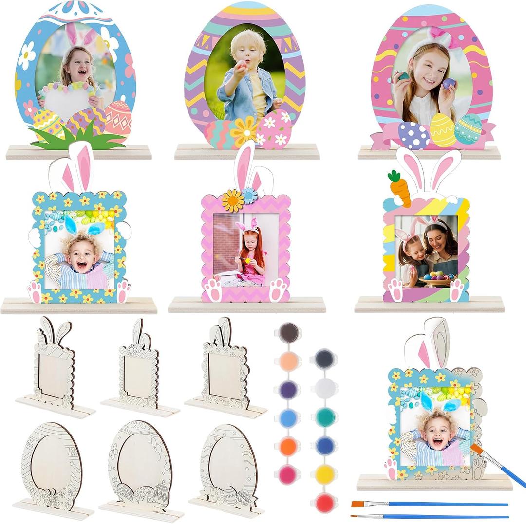 Vercraft 24 Sets Wood Easter Bunny Egg Picture Frame Craft Kits for Kids 4 x 6 Inch Color Your Own Wooden Bunny Egg Coloring Picture Frame for Spring Easter Gift Table Home Tabletop Party Decorations