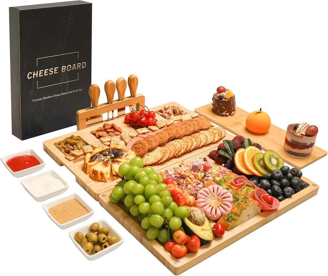 Charcuterie Board Set - Bamboo Cheese Board & Serving Tray with Stainless Steel Knives and Bowls, Housewarming Gifts New Home, Gift for Wedding Couple, Bridal Shower (NLB, 01)