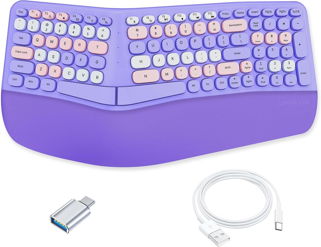 Lomiluskr Wired Ergonomic Keyboard with PU Wrist Rest, Carpal Tunnel Keyboard, Colorful Split Ergo Design, Comfortable Natural Typing, Compatible with PC/Laptop (Purple)