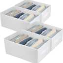 Extra Large Clothes Closet Organizer 6 Compartments for Jean Sweater Sheets to Shirt - Divided Clothing Storage Boxes for Closet, Wordrobe, Bedroom, Shelf (4pc White)