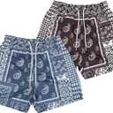 MECH-ENG Men's Paisley Shorts (2 Pieces) Mesh Graphic Bandana Print Boho Summer Beach Lightweight Drawstring Shorts (Navyblue+brown)