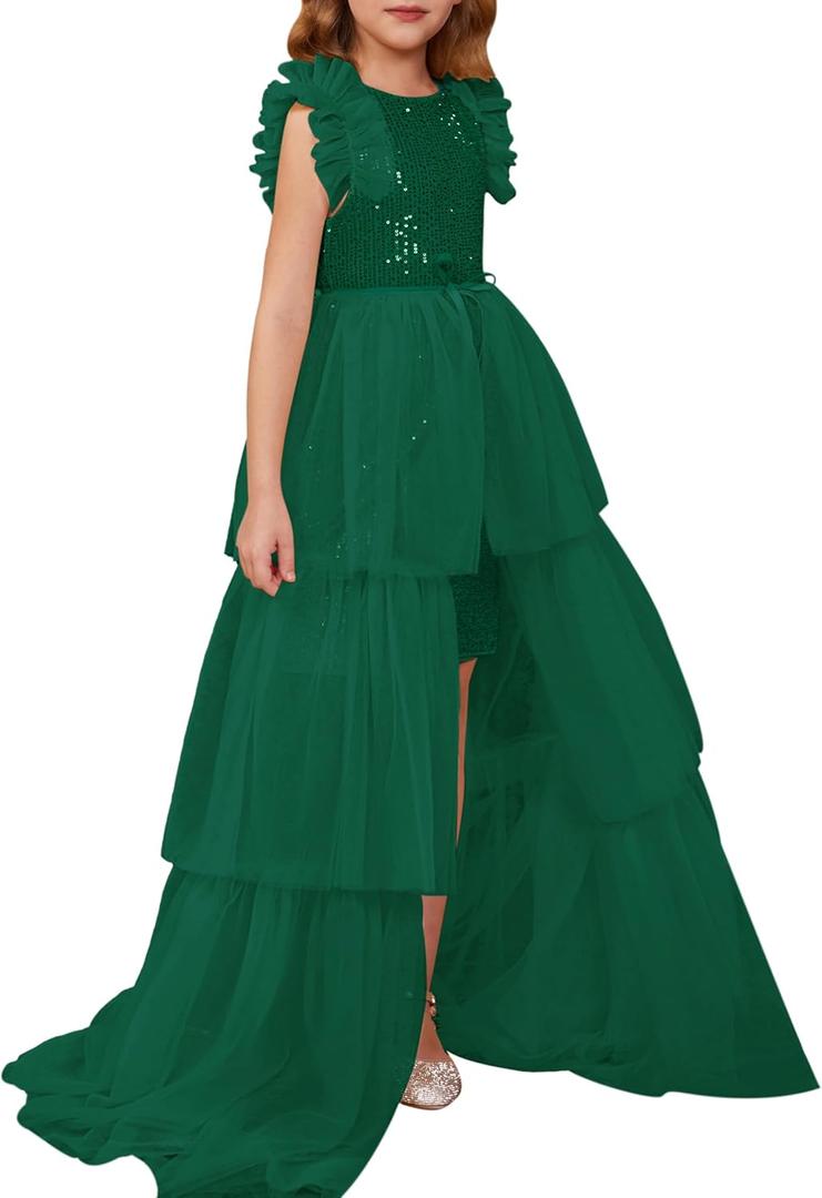 GRACE KARIN Girls Sequin Dress Formal Pageant Sparkle Party Ruffle Prom Maxi Dress Size 5-14Y (7-8 Years, Green)
