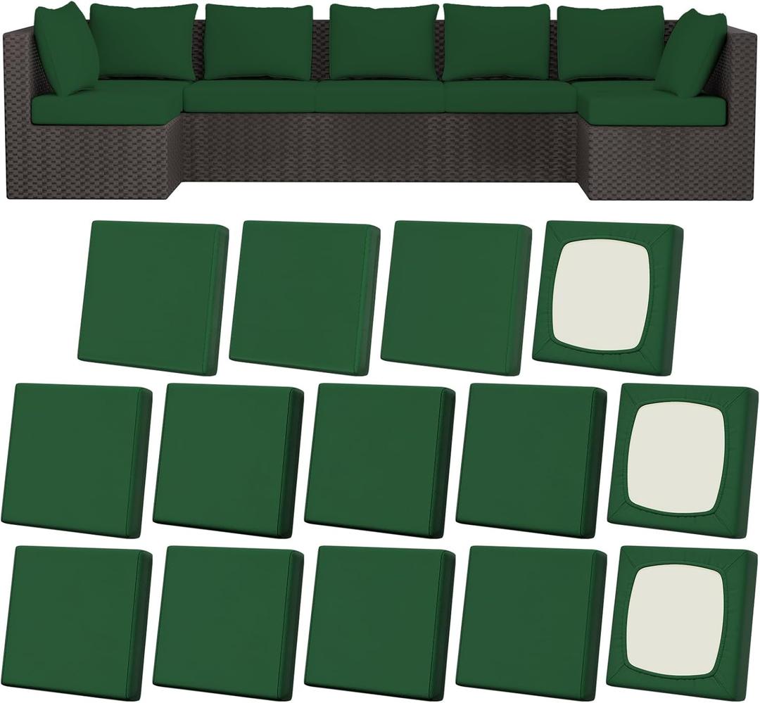 14Pcs Patio Stretch Cushion Covers, Outdoor Couch & Sofa Replacement Slipcovers for Patio Furniture Cushion Covers, Washable Reusable Furniture Protector, Square Large, Dark Green