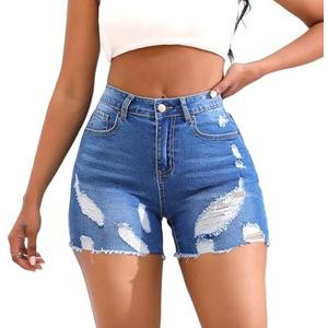 THUNDER STAR Stretchy Jean Shorts for Women Mid Rise Distressed Denim Shorts Ripped Casual Summer Shorts, L, Light Blue