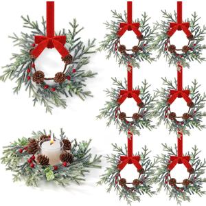 Mini Small Christmas Wreaths for Kitchen Cabinets-8pcs Christmas Candle Rings- Frosted Cedar Christmas Candle Rings Wreaths for Pillars/Window/Chair Wall Table Centerpieces Decorations 48 pcs Twig