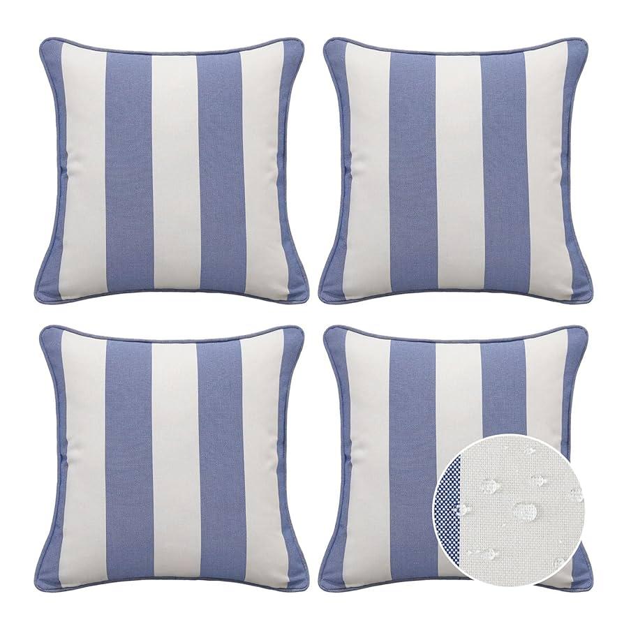 Decorative Outdoor Water Repellent Throw Pillows with Inserts, Set of 4, 20" x12" Pillows for Patio, Backyard, Bed, Couch, and Patio Furniture, Navy Stripe