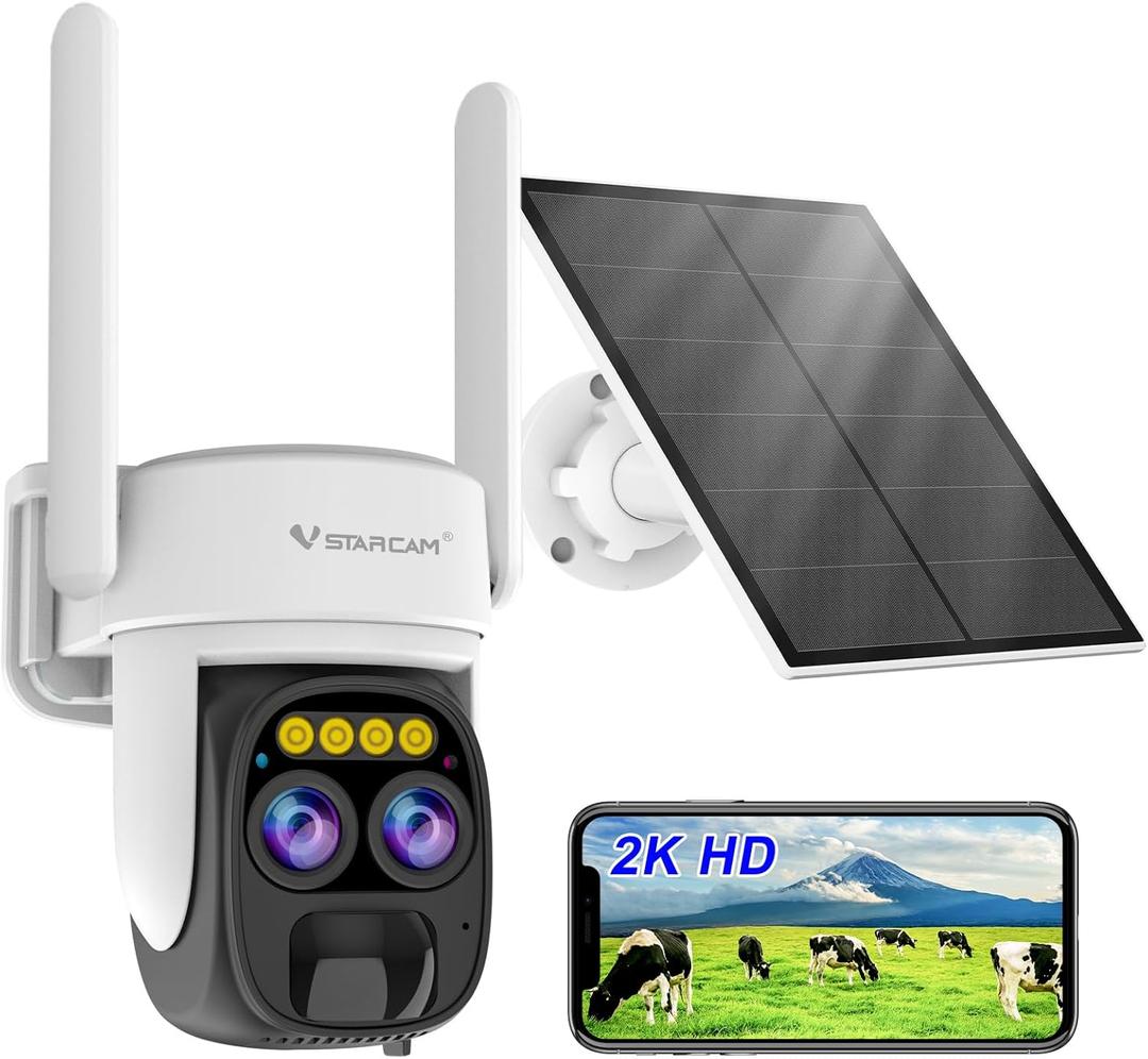 VSTARCAM Solar Camera Outdoor Wireless No Subscription, Dual Cameras, 2K UHD with 10 Zoom, 100% Wire-Free with Battery Powered, 360 Panoramic View, PIR Motion Detection, Siren, 2-Way Audio,IP66