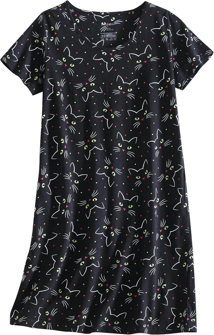 PNAEONG Women's Cotton Nightgown Sleepwear Short Sleeves Shirt Casual Print Sleepdress XTSY108-Black Cats-XL