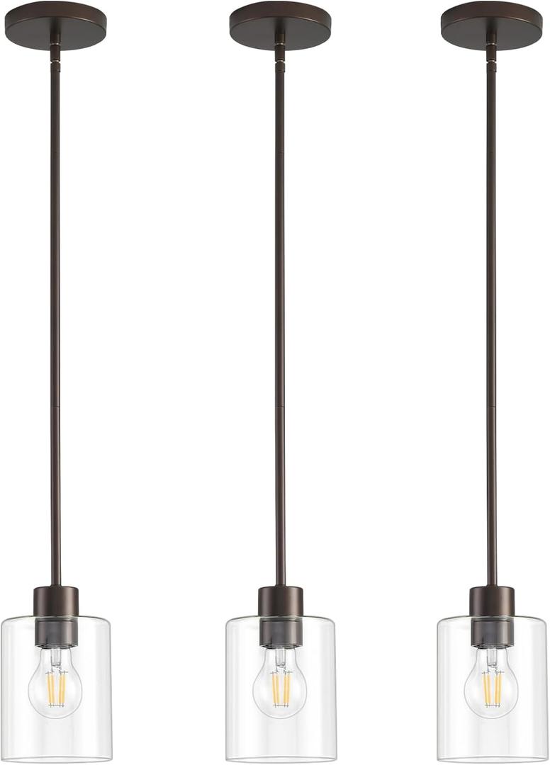 Oil Rubbed Bronze Pendant Lights Kitchen Island - Clear Glass Pendant Light Fixture Multiple Stems Rods 3 Units 12 Inch 3 Units 4 Inch (3 Pack Oil Rubbed Bronze Downrod)