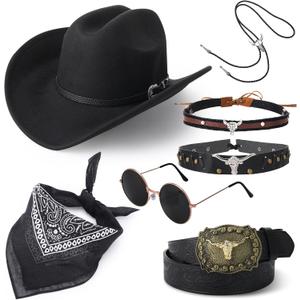7Pcs Cowboy Costume Outfit for Men Women Cowboy Hat Hat Bands Leather Necklace Belt Glasses Bandana for Cosplay