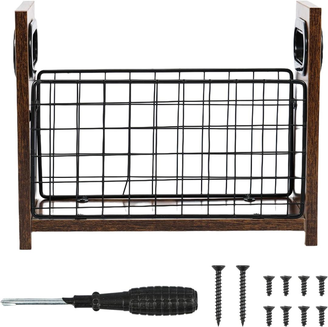 Magazine Rack Metal and Wood Magazine File Holder Practical Mail Organizer Space Saving File Storage Basket for Home Office Bedroom Living Room US(1,Darkwood)