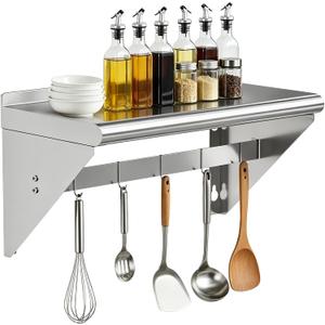 Commercial Stainless Steel Shelf with 5 Hooks 12" x 24", Wall Mounted Food Service Storage Rack Shelves, Heavy Duty 250 lb Metal Shelf for Kitchen, Restaurant, Food Truck, Garage, Laundry Room