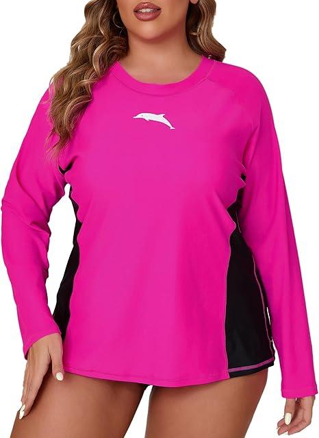Halcurt Womens Plus Size Long Sleeve Rash Guard Swim Shirt with Built in Bra Loose Fit UPF50+ Swimsuit Top 3X, Hot Pink/Black