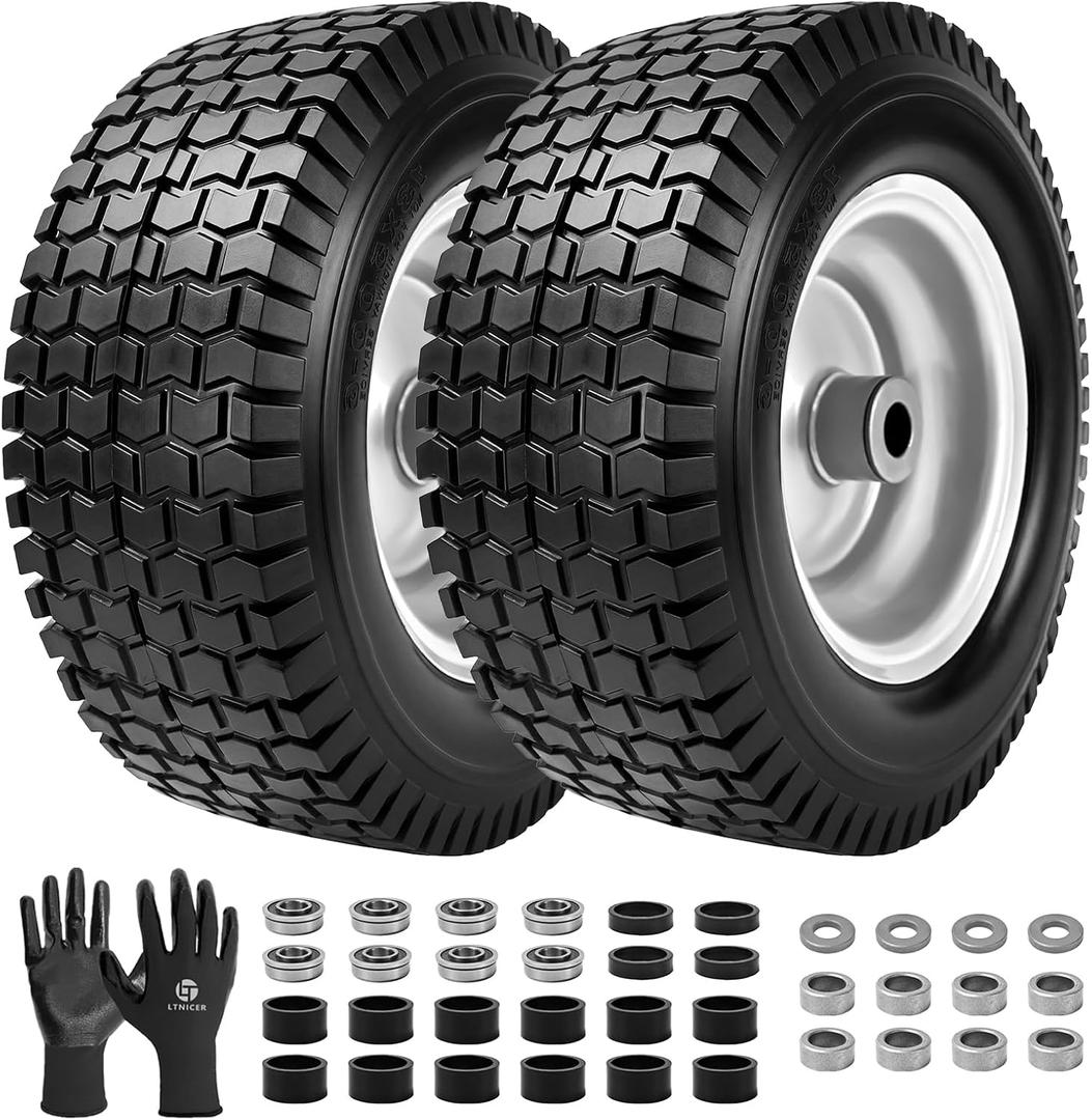 13x5.00-6 Flat Free Lawn Mower Tire and Wheel,13 x 5 x 6 Riding Lawn Mower Tires and Wheel With 3" Centered Hub and 3/4" & 5/8" Bearings (2-Pack)