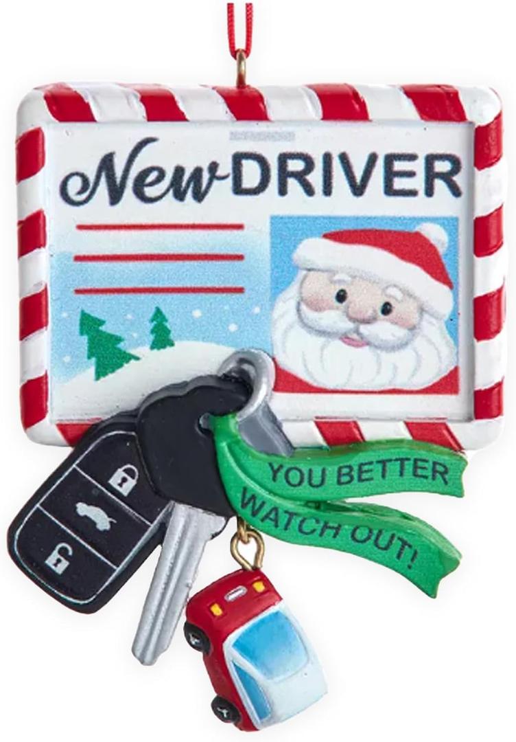 New Driver Christmas Ornament - Customizable Santa Driver's License New Car and Keys Holiday Tree Decoration Keepsake for Teens and Driving Test (Red)