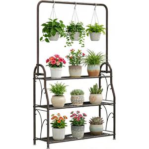 SORCEDAS Plant Stand Indoor Outdoor 3 Tier Tall Corner Hanging Shelf Metal Flower Stands Ladder Holder for Living Room Balcony Garden Patio Multiple Plants, Bronze
