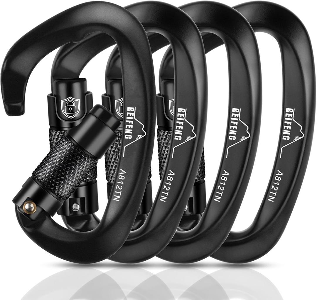 BEIFENG Auto Locking Climbing Carabiner, 25KN Black Twist Lock Heavy Duty D-Type Carabiner, UIAA Certified for Climbing, Rappelling, Rescue, Hammock, Swing