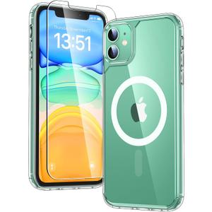 TAURI for iPhone 11 Phone Case Clear [Compatible with Magsafe], with 2X HD Screen Protector, [Military Grade Drop Protection] Shockproof Slim Case for iPhone 11 Case 6.1 inch