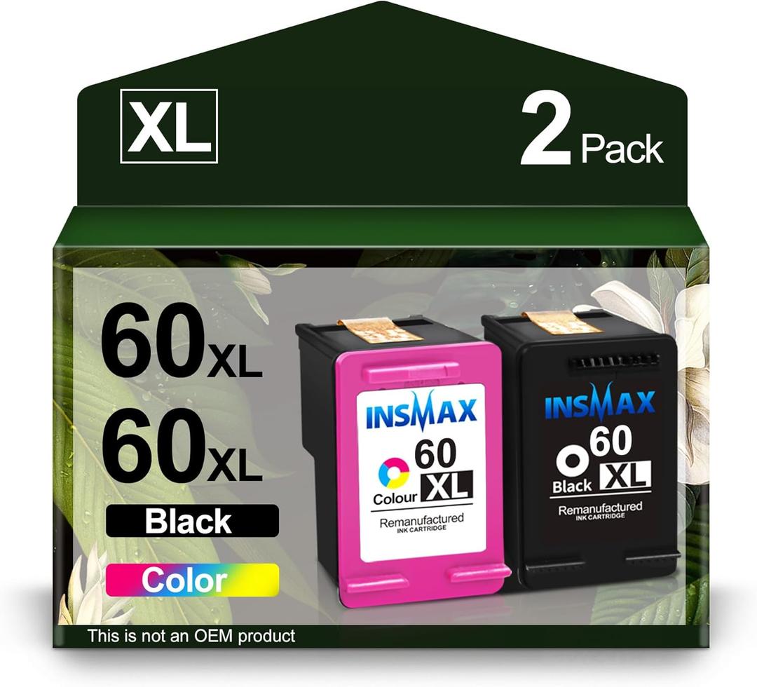 60XL Ink Cartridges Replacement for HP 60 60 XL Ink for Envy 100 110 PhotoSmart C4780 C4795 D110 D110a DeskJet F4580 D2530 D2545 Printer (1 Black, 1 Color)