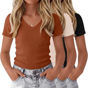 LessonZoo 3 Pack Girls Ribbed V Neck Shirts, 3-Color Set, 9-10 Years