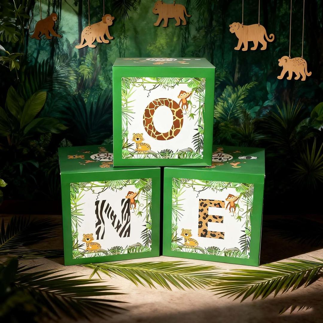 One Boxes for 1st Birthday Wood Grain, 3 Balloon Boxes, Baby Girl & Boy 1st Birthday Party Decorations, Reusable (Green)