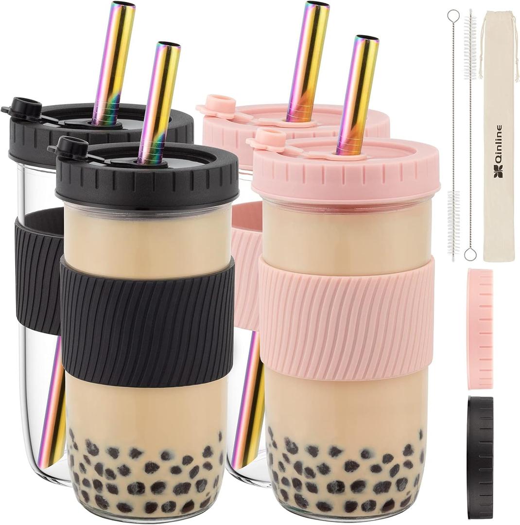 Reusable Glass Mason Jars Cups with Lids and Straws Silicone Sleeves, 4 Pack 24Oz Wide Mouth Smoothie Cups Glass Bubble Tea Cup, Leakproof drinking glasses Water Bottle Travel Tumbler for Large Pearl (Black & Rose Pink)