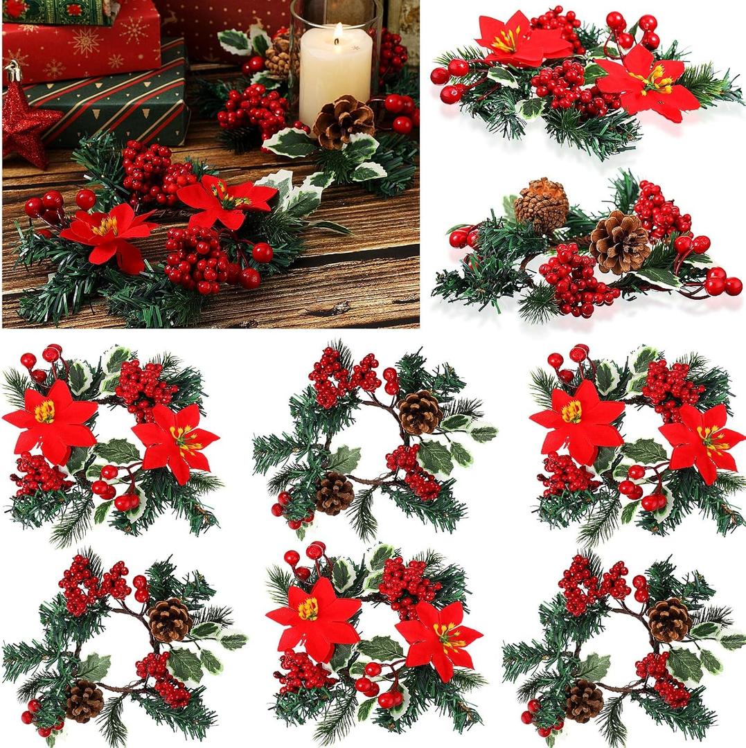 Yilloog Set of 8 Christmas Candle Rings Wreaths Berry Pinecone Red Poinsettia Wreaths Rings Mini Candleholders Xmas Wreath Candle Holder for Christmas Centerpiece(Stylish)