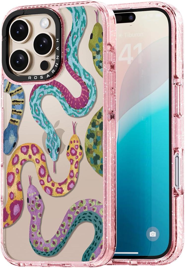 Compatible for iPhone 16 Pro Case Cute - Durable Shockproof 6.6 ft Drop Impact Phone Case - Glitter Pink Funny Snake Design for iPhone 16 Pro 6.3"