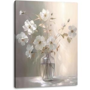 Canvas Wall Art Floral Bathroom Bedroom Framed Artwork Modern Wall Decoration 18x24 Inch Print for Kitchen Home Decor (White Flower Wrapped Canvas)