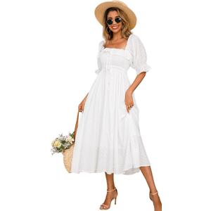 R.Vivimos Women Summer Half Sleeve Cotton Ruffled Vintage Elegant Backless A Line Flowy Long Dresses (White, Small)