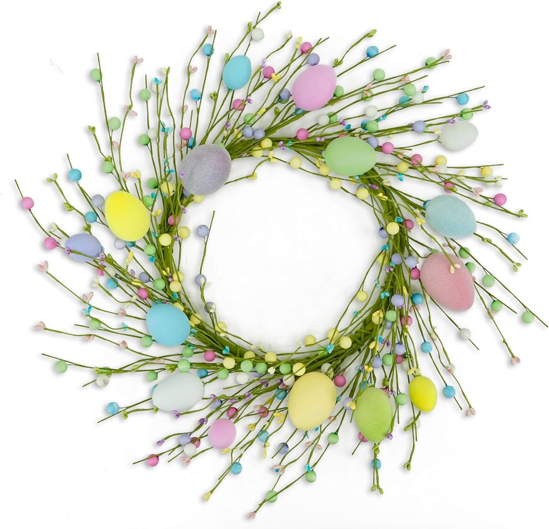 AMF0RESJ Easter Wreaths for Front Door Easter Egg Door Wreath with Colorful Eggs, Mixed Berry for Front Door Indoor Outdoor Farmhouse Home Wall Window Festival Wedding Decoration (Pink and Blue)