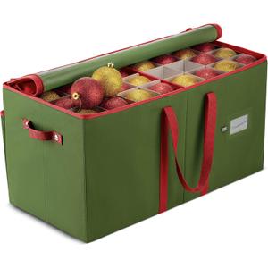 ZOBER Large Christmas Ornament Storage Box  Stores 128 3" Ornaments, With Dividers  Ornament Organizer Storage Box, Durable Christmas Containers Holder  Extra Pockets, Dual Zipper  Green