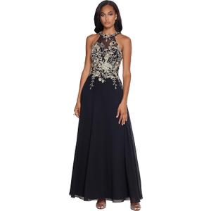 Betsy & Adam Women's Long Embroidered Halter Chiffon Gown (16, Black/Gold)