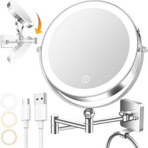 10x Large Wall Mounted Makeup Mirrror, Height Adjustable Lighted Mirror, 8" Double Sided Mirror, 1X/10X Magnifying Bathroom Mirror, 360 Rotation Adjustable, Detachable Ring, 3 Color Lights